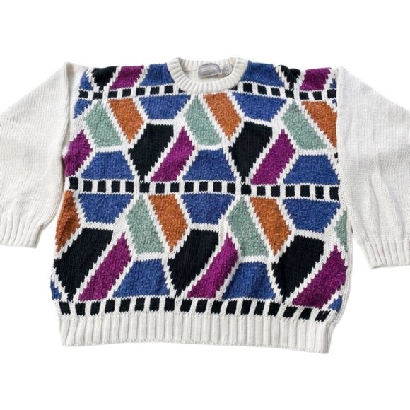 Vintage 80s Abstract Chunky Knit Grandpa Sweater, Size Large - Picture 1 of 9